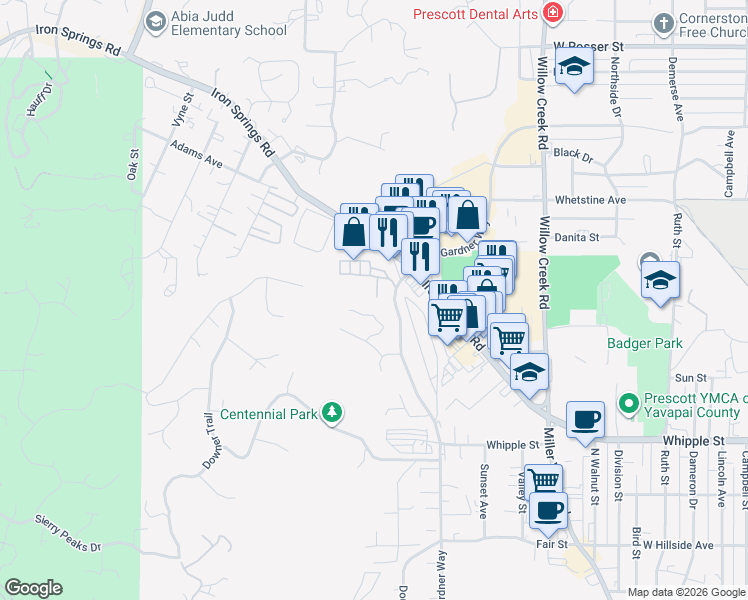 map of restaurants, bars, coffee shops, grocery stores, and more near 1064 Stratus Way in Prescott