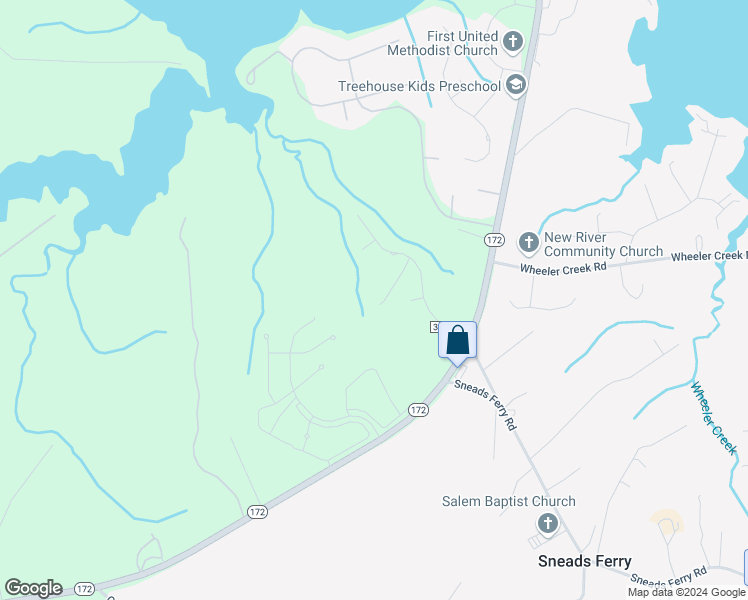 map of restaurants, bars, coffee shops, grocery stores, and more near 124 Katrina Street in Sneads Ferry