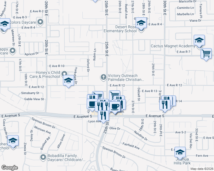 map of restaurants, bars, coffee shops, grocery stores, and more near in Palmdale