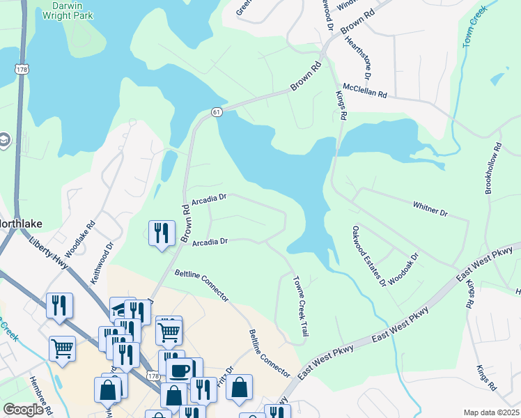 map of restaurants, bars, coffee shops, grocery stores, and more near 403 Arcadia Drive in Anderson