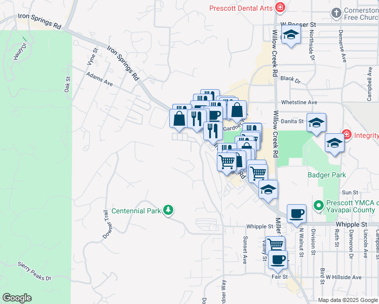 map of restaurants, bars, coffee shops, grocery stores, and more near 1064 Stratus Way in Prescott