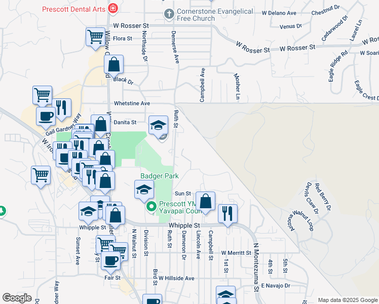 map of restaurants, bars, coffee shops, grocery stores, and more near 1030 Scott Drive in Prescott