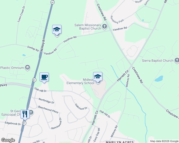 map of restaurants, bars, coffee shops, grocery stores, and more near 1221 Harriett Circle in Anderson