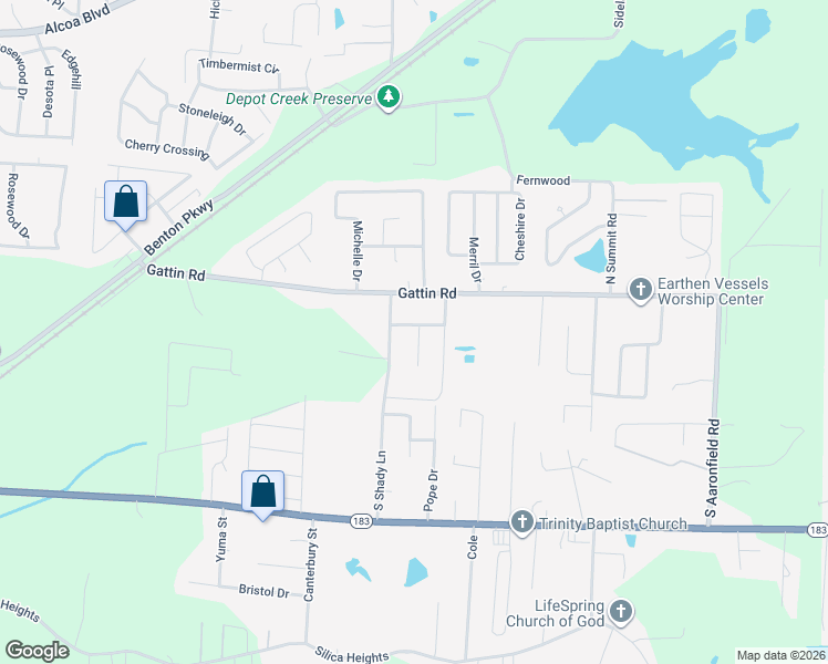 map of restaurants, bars, coffee shops, grocery stores, and more near 203 Texas Drive in Benton