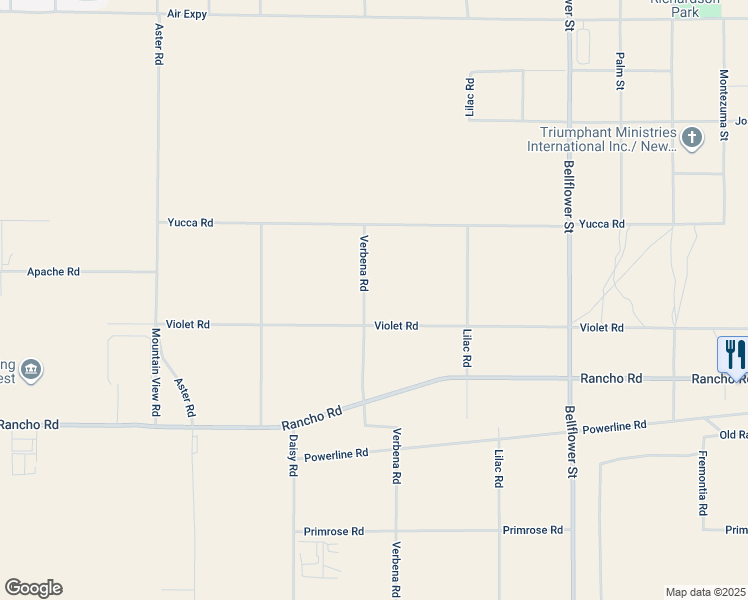 map of restaurants, bars, coffee shops, grocery stores, and more near Violet Road in Adelanto