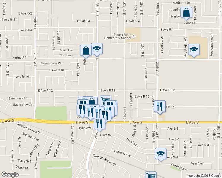 map of restaurants, bars, coffee shops, grocery stores, and more near 3347 East Avenue S in Palmdale