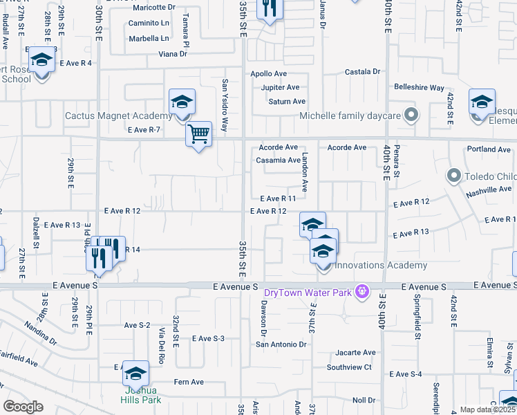 map of restaurants, bars, coffee shops, grocery stores, and more near 37346 Waterman Avenue in Palmdale