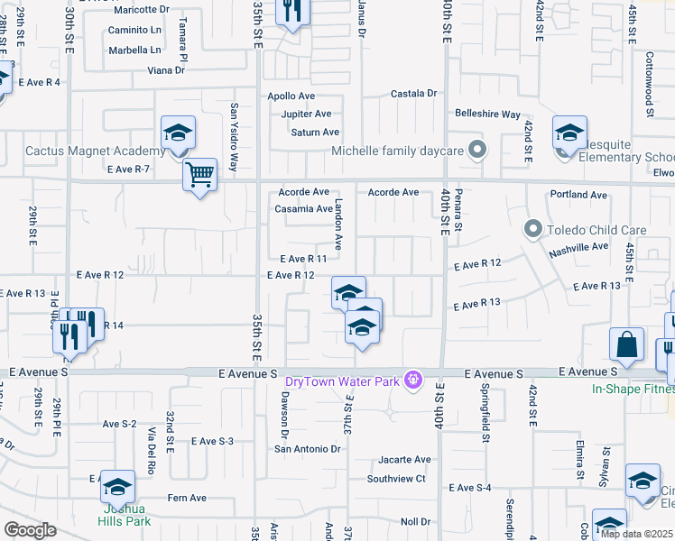 map of restaurants, bars, coffee shops, grocery stores, and more near 3646 East Avenue R12 in Palmdale