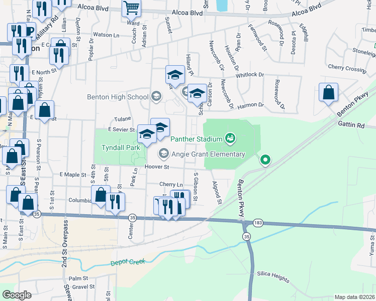 map of restaurants, bars, coffee shops, grocery stores, and more near 112 Winstone Avenue in Benton