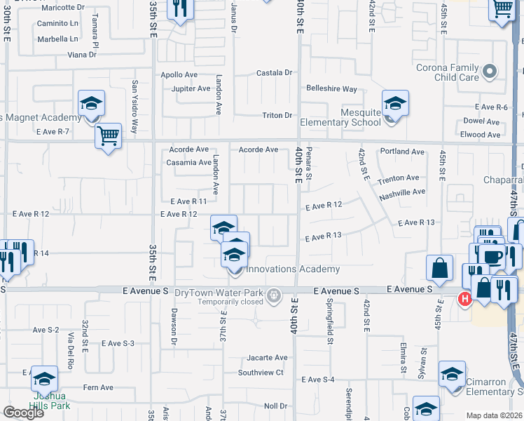 map of restaurants, bars, coffee shops, grocery stores, and more near 3805 East Avenue R12 in Palmdale