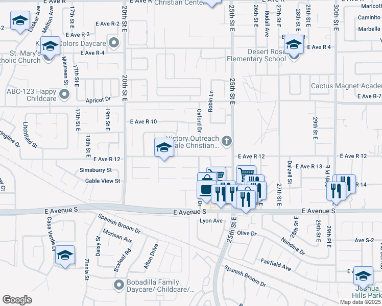 map of restaurants, bars, coffee shops, grocery stores, and more near 2205 Moonlight Court in Palmdale