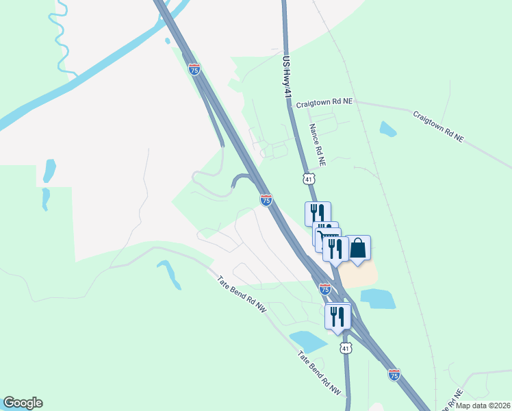 map of restaurants, bars, coffee shops, grocery stores, and more near 107 Rons Court Northwest in Calhoun