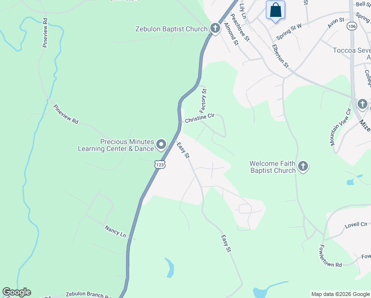 map of restaurants, bars, coffee shops, grocery stores, and more near 136 Easy Street in Toccoa
