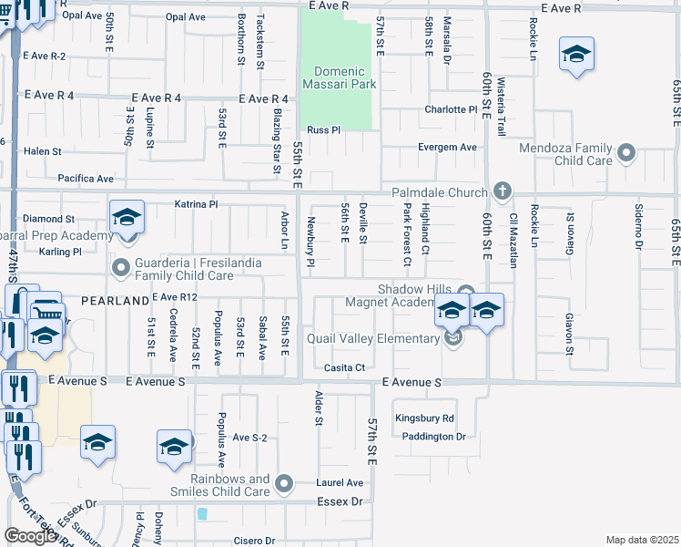 map of restaurants, bars, coffee shops, grocery stores, and more near 37433 56th Street East in Palmdale