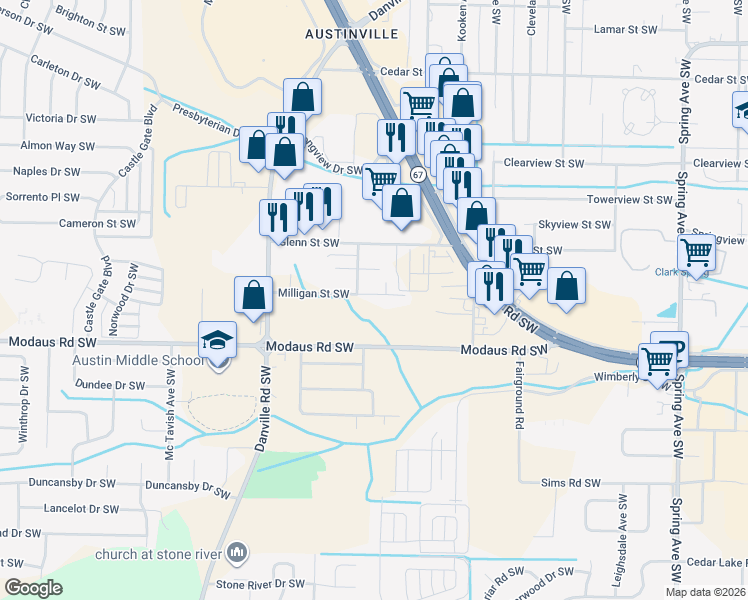 map of restaurants, bars, coffee shops, grocery stores, and more near 1613 Milligan Street Southwest in Decatur