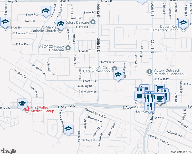 map of restaurants, bars, coffee shops, grocery stores, and more near 37418 Birch Tree Lane in Palmdale