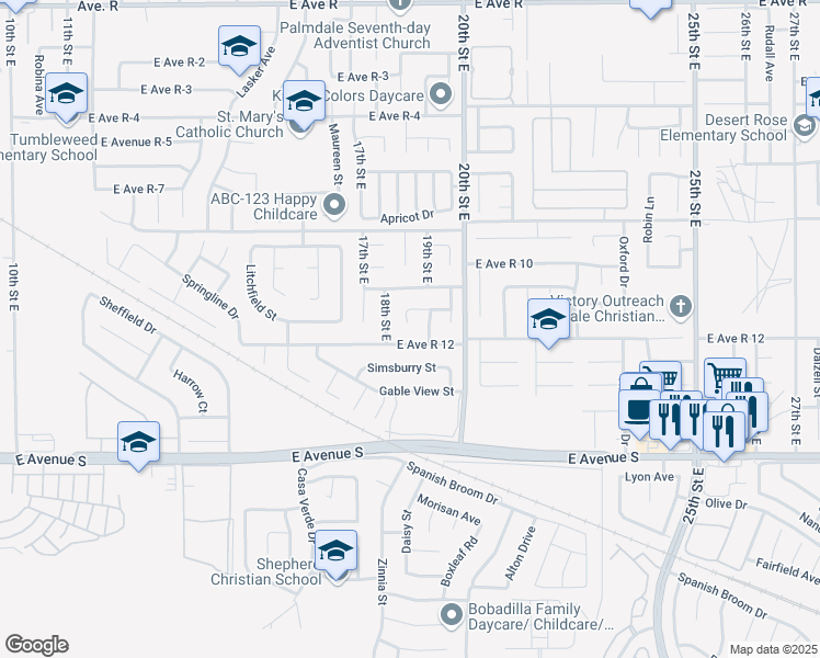 map of restaurants, bars, coffee shops, grocery stores, and more near 37416 Silk Tree Lane in Palmdale