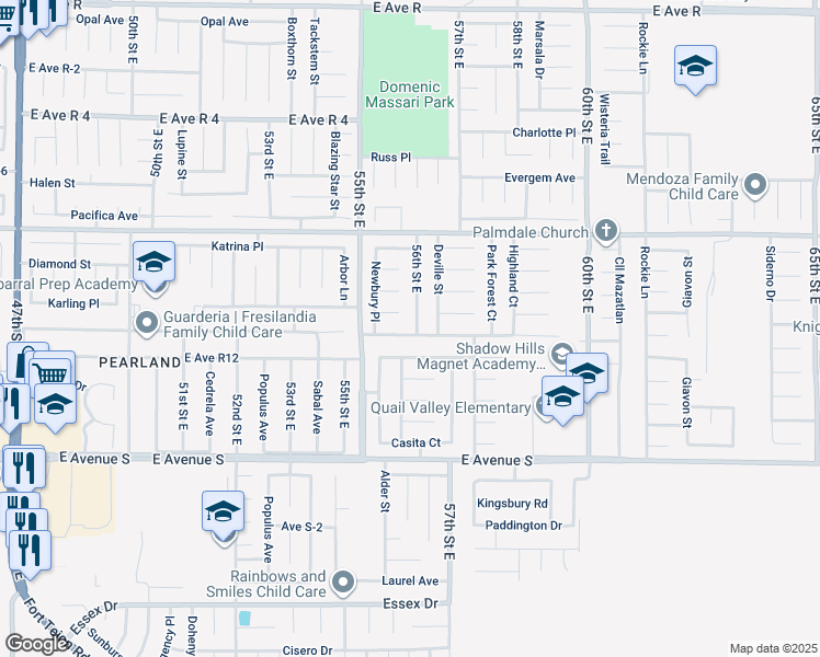 map of restaurants, bars, coffee shops, grocery stores, and more near 37433 56th Street East in Palmdale