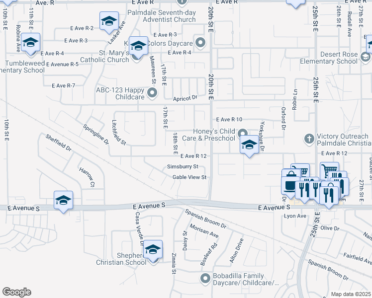 map of restaurants, bars, coffee shops, grocery stores, and more near 37416 Silk Tree Lane in Palmdale