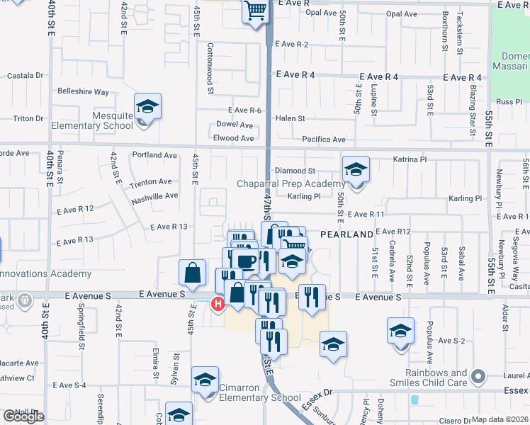 map of restaurants, bars, coffee shops, grocery stores, and more near 37510 47th Street East in Palmdale