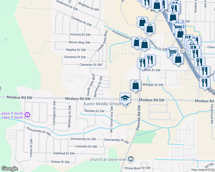 map of restaurants, bars, coffee shops, grocery stores, and more near 2606 Edlingham Castle Drive in Decatur