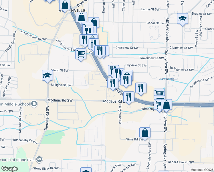 map of restaurants, bars, coffee shops, grocery stores, and more near 2625 Centron Drive Southwest in Decatur