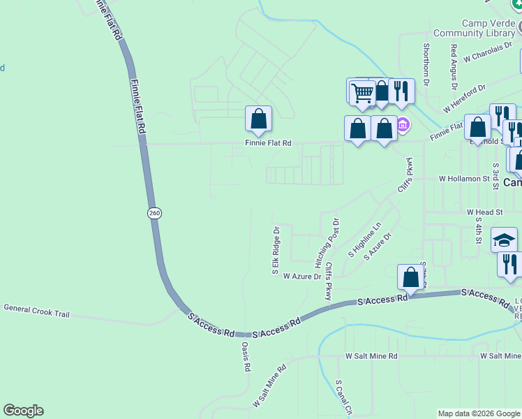 map of restaurants, bars, coffee shops, grocery stores, and more near 1020 West Relo Lane in Camp Verde