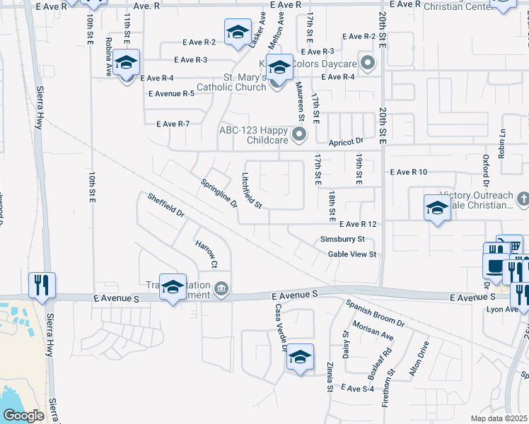 map of restaurants, bars, coffee shops, grocery stores, and more near 37403 Litchfield Street in Palmdale