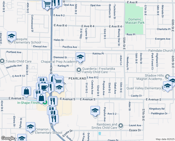 map of restaurants, bars, coffee shops, grocery stores, and more near 5123 Karling Place in Palmdale