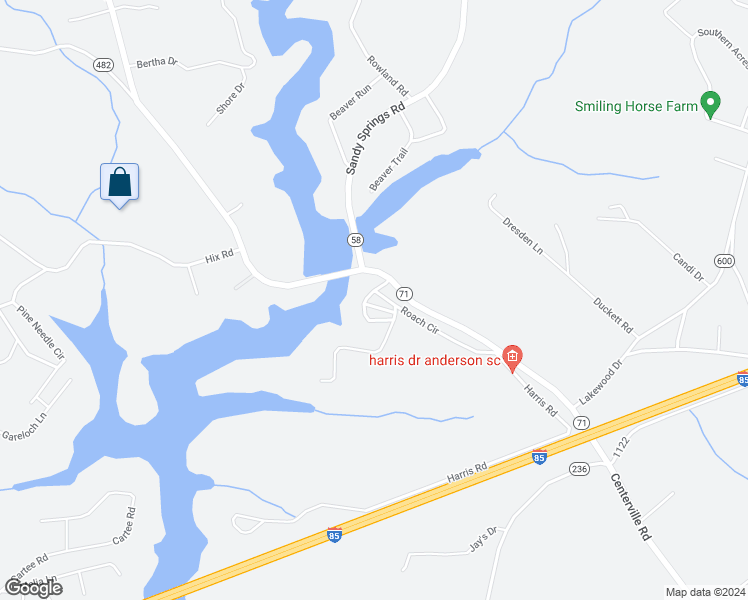map of restaurants, bars, coffee shops, grocery stores, and more near 2227 Roach Circle in Anderson