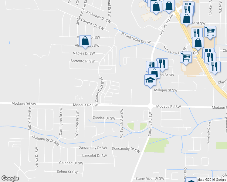 map of restaurants, bars, coffee shops, grocery stores, and more near 2616 Edlingham Castle Drive in Decatur