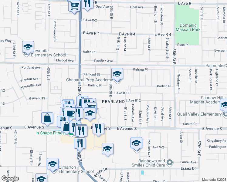 map of restaurants, bars, coffee shops, grocery stores, and more near 5009 East Avenue R 11 in Palmdale
