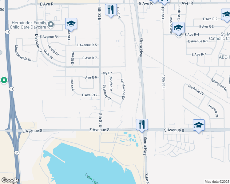 map of restaurants, bars, coffee shops, grocery stores, and more near 555 Conifer Drive in Palmdale