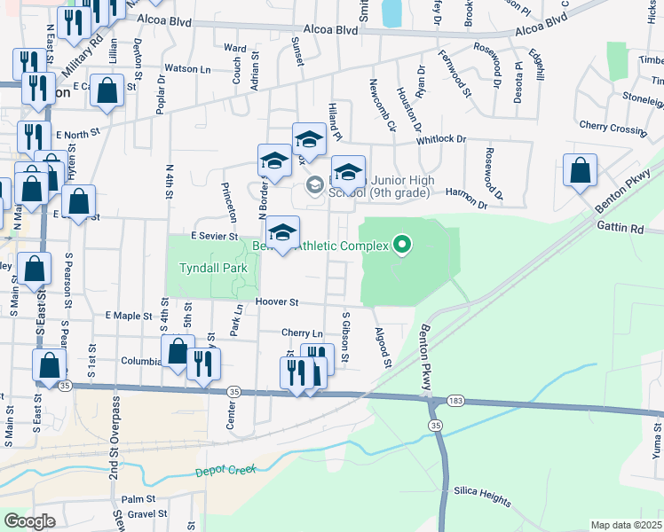 map of restaurants, bars, coffee shops, grocery stores, and more near 111 Village Drive in Benton