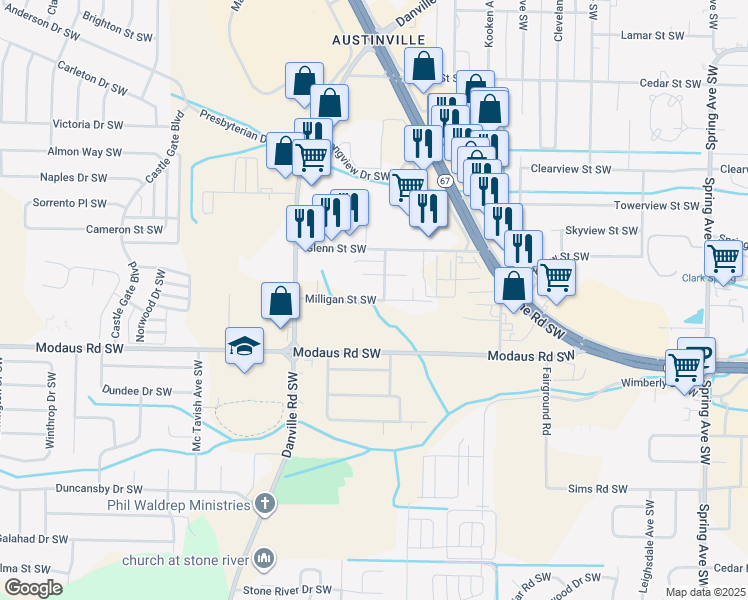 map of restaurants, bars, coffee shops, grocery stores, and more near 1715 Milligan Street Southwest in Decatur