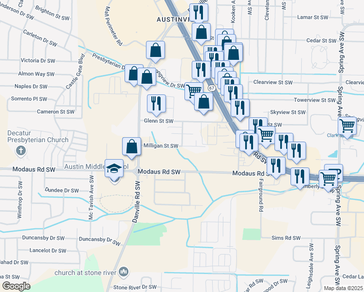 map of restaurants, bars, coffee shops, grocery stores, and more near 1804 Milligan Street Southwest in Decatur