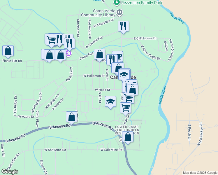 map of restaurants, bars, coffee shops, grocery stores, and more near 453 South 3rd Street in Camp Verde