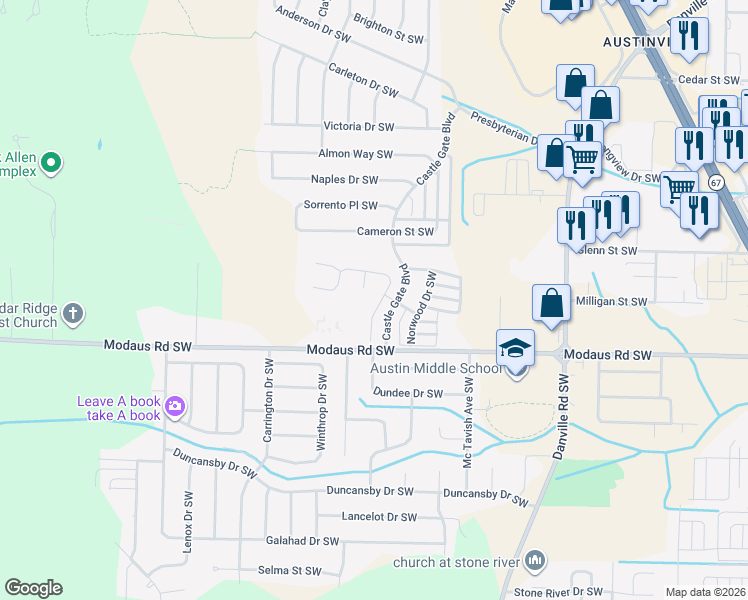 map of restaurants, bars, coffee shops, grocery stores, and more near 2417 Aldingham Drive Southwest in Decatur