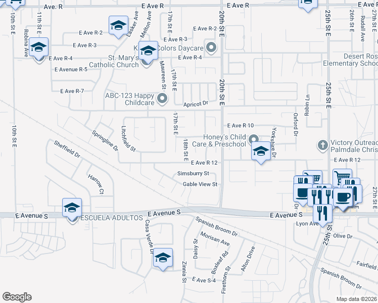 map of restaurants, bars, coffee shops, grocery stores, and more near 18th Street East in Palmdale