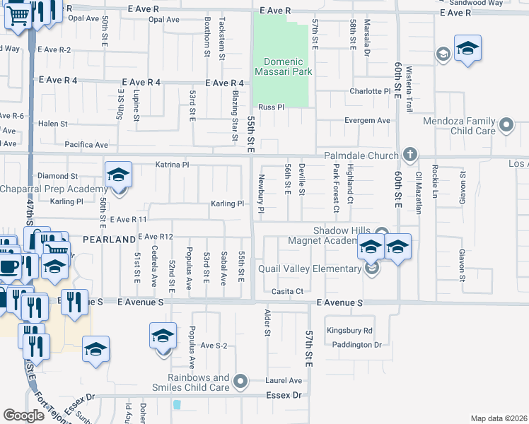 map of restaurants, bars, coffee shops, grocery stores, and more near 5522 Lighthouse Lane in Palmdale