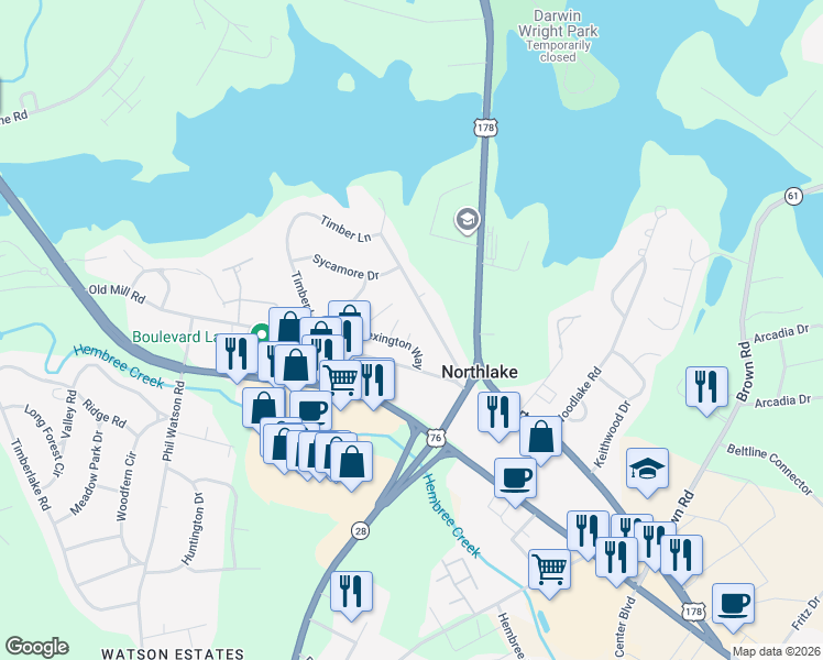 map of restaurants, bars, coffee shops, grocery stores, and more near 215 Timber Lane in Anderson