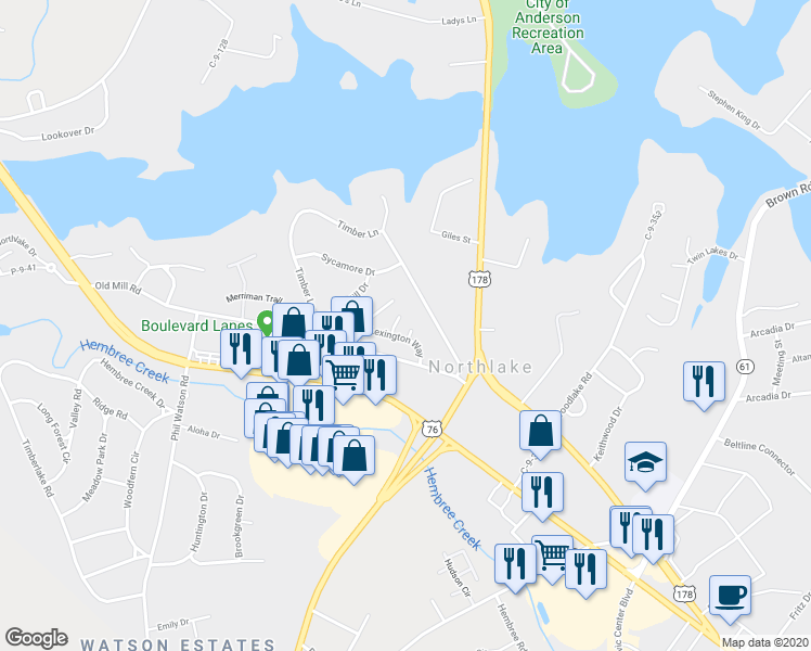 map of restaurants, bars, coffee shops, grocery stores, and more near 215 Timber Lane in Anderson