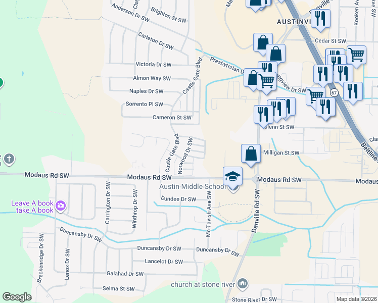 map of restaurants, bars, coffee shops, grocery stores, and more near 2628 Norwood Drive Southwest in Decatur