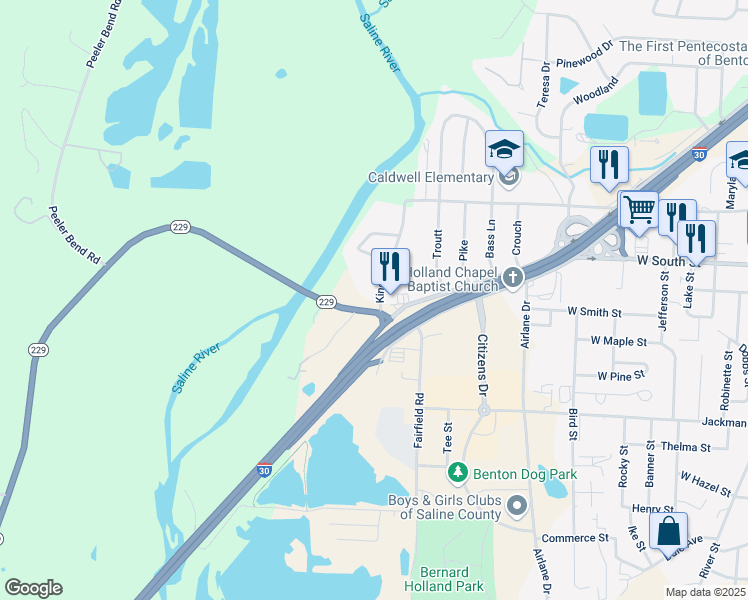 map of restaurants, bars, coffee shops, grocery stores, and more near 104 King Road in Benton
