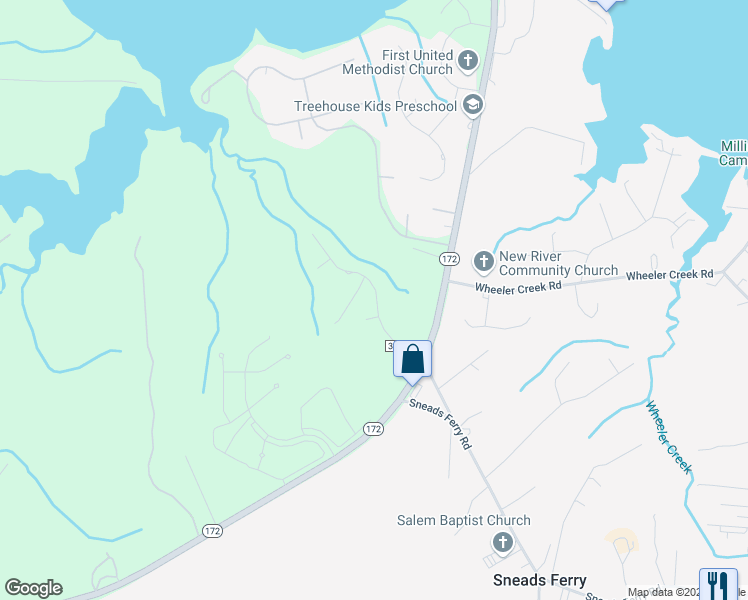 map of restaurants, bars, coffee shops, grocery stores, and more near 133 Peggy's Trace in Sneads Ferry