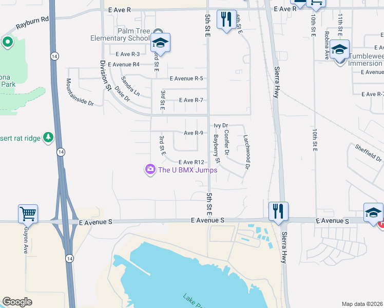 map of restaurants, bars, coffee shops, grocery stores, and more near 350 East Avenue R 11 in Palmdale