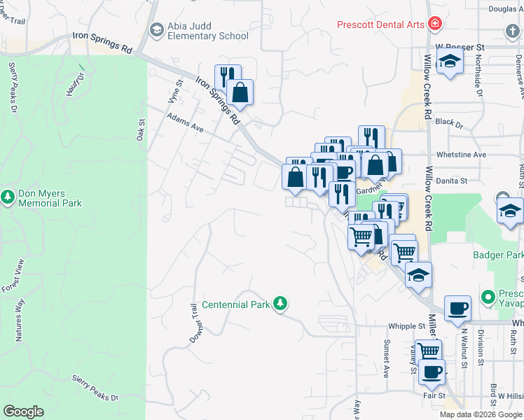 map of restaurants, bars, coffee shops, grocery stores, and more near 1328 Rockwood Drive in Prescott