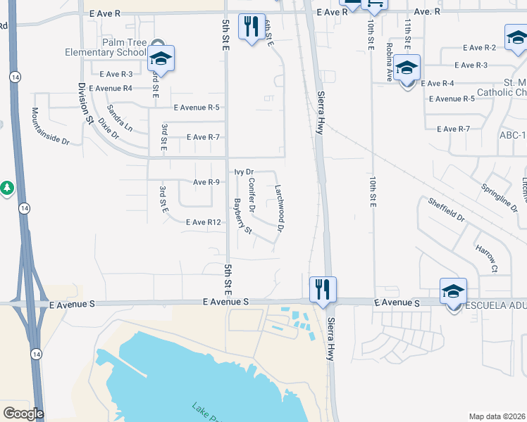 map of restaurants, bars, coffee shops, grocery stores, and more near 37423 Conifer Drive in Palmdale
