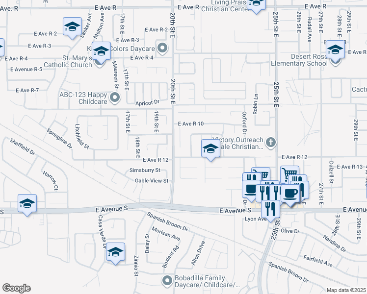 map of restaurants, bars, coffee shops, grocery stores, and more near 37422 Cambridge Lane in Palmdale
