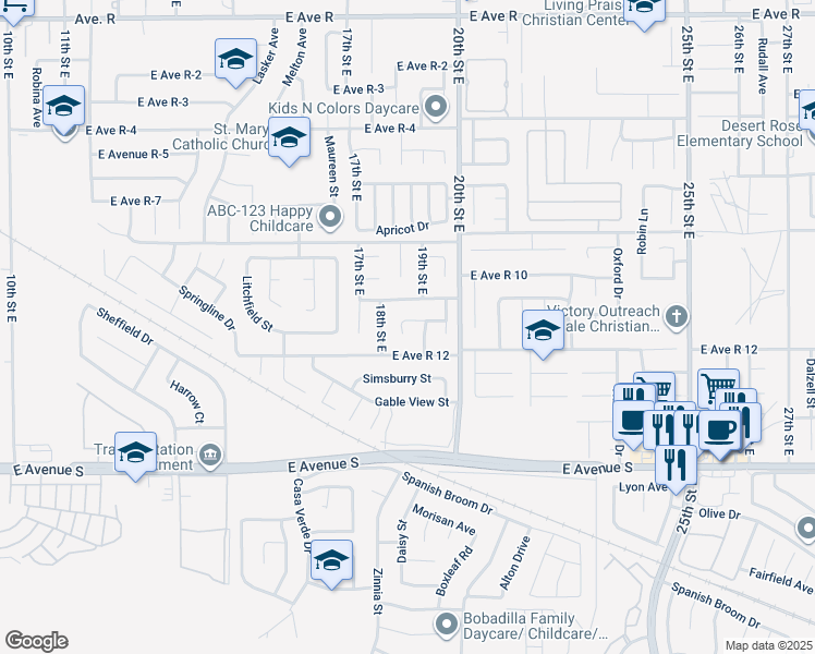 map of restaurants, bars, coffee shops, grocery stores, and more near 1828 East Avenue R 11 in Palmdale